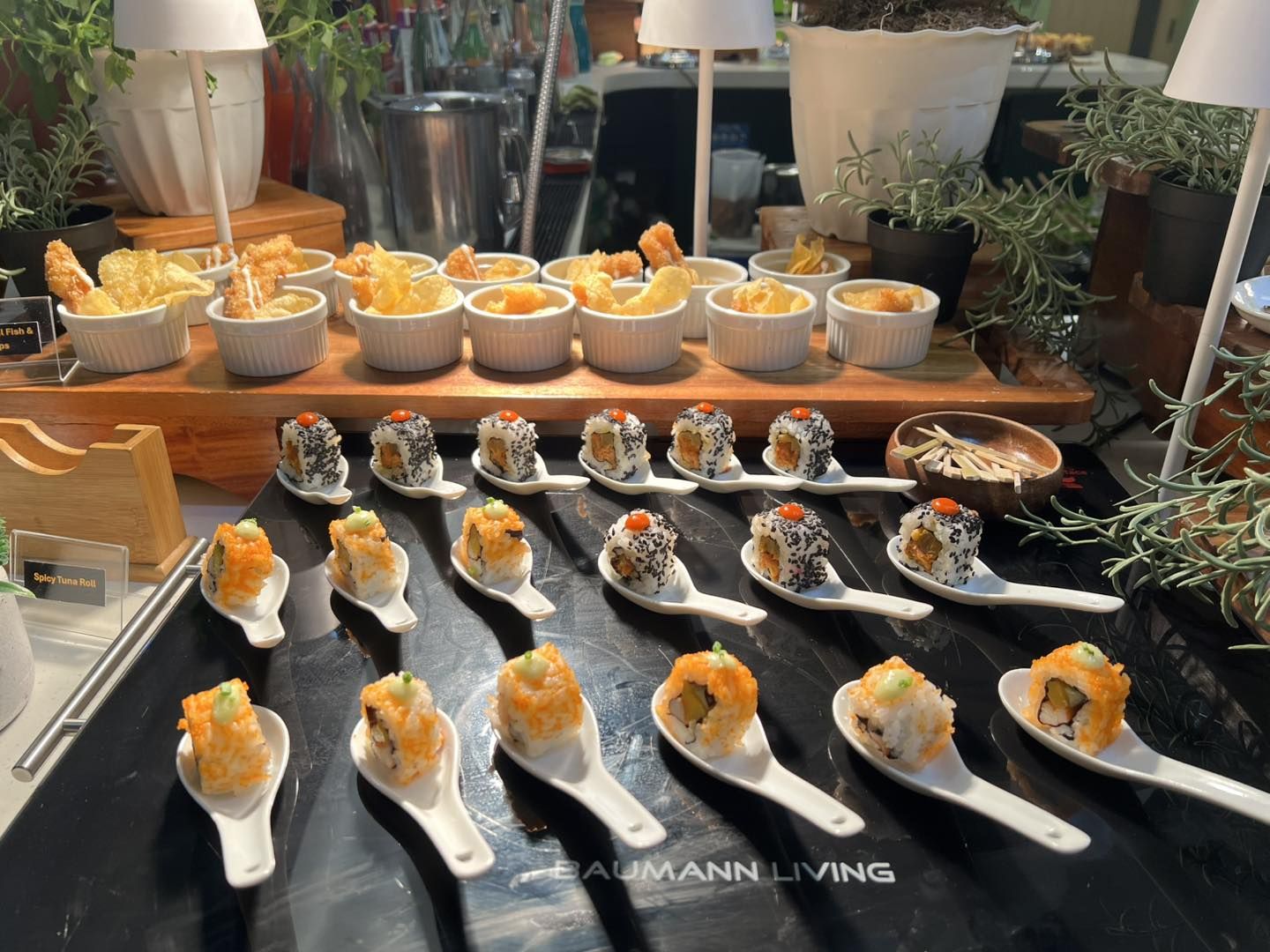 Rows of chef-plated canapé spoons at an Annielito's event