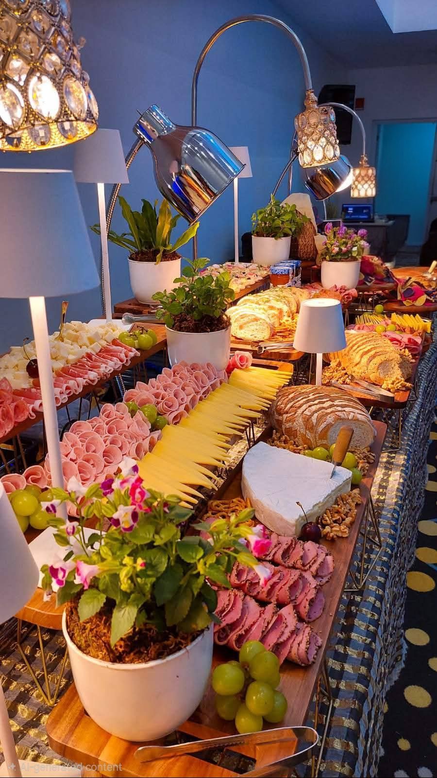 Lavish grazing table under warm lamps